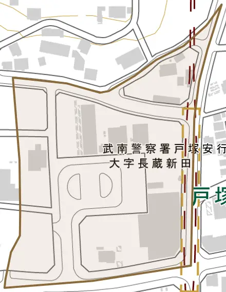 大字長蔵新田とその周辺の地図。町の範囲を重ねている