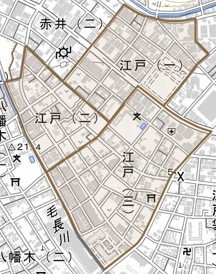 江戸とその周辺の地図。町の範囲を重ねている