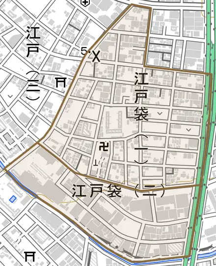 江戸袋とその周辺の地図。町の範囲を重ねている