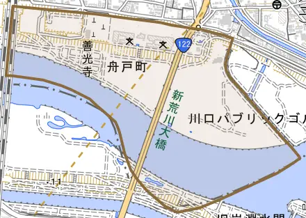 舟戸町とその周辺の地図。町の範囲を重ねている