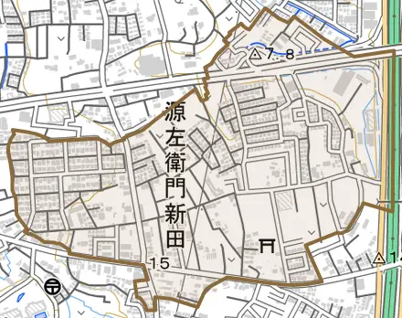 大字源左衛門新田とその周辺の地図。町の範囲を重ねている