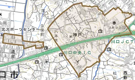 大字神戸とその周辺の地図。町の範囲を重ねている