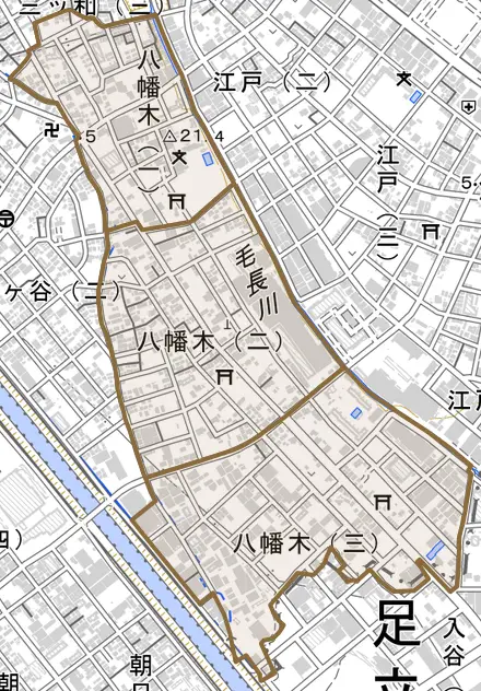 八幡木とその周辺の地図。町の範囲を重ねている
