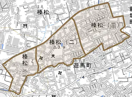 榛松とその周辺の地図。町の範囲を重ねている