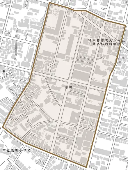 原町とその周辺の地図。町の範囲を重ねている
