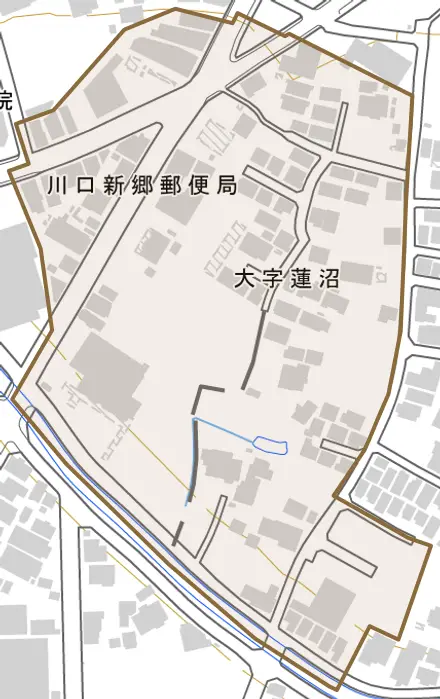 大字蓮沼とその周辺の地図。町の範囲を重ねている