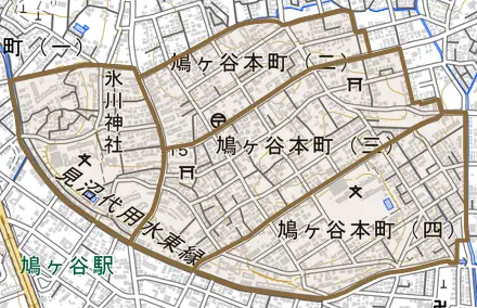 鳩ヶ谷本町とその周辺の地図。町の範囲を重ねている