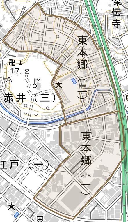 東本郷とその周辺の地図。町の範囲を重ねている