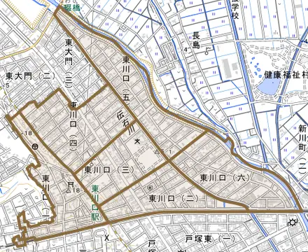 東川口とその周辺の地図。町の範囲を重ねている