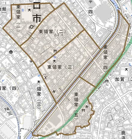 東領家とその周辺の地図。町の範囲を重ねている