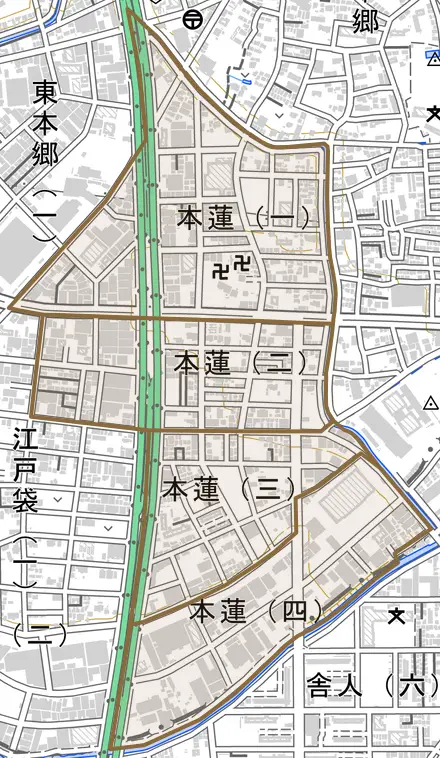 本蓮とその周辺の地図。町の範囲を重ねている