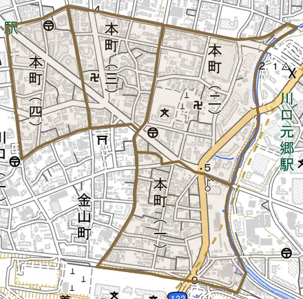 本町とその周辺の地図。町の範囲を重ねている
