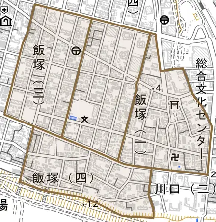 飯塚とその周辺の地図。町の範囲を重ねている