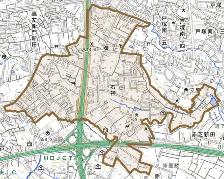 大字石神とその周辺の地図。町の範囲を重ねている