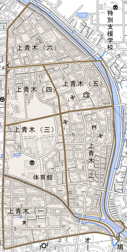 上青木とその周辺の地図。町の範囲を重ねている
