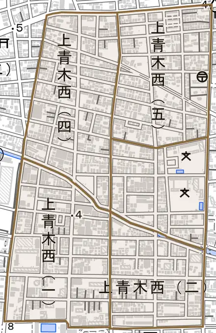上青木西とその周辺の地図。町の範囲を重ねている