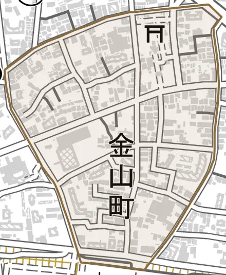 金山町とその周辺の地図。町の範囲を重ねている