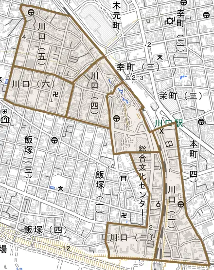 川口とその周辺の地図。町の範囲を重ねている