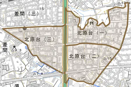 北原台とその周辺の地図。町の範囲を重ねている