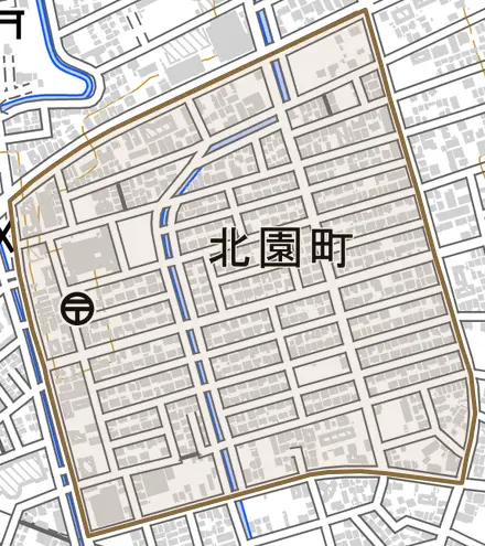 北園町とその周辺の地図。町の範囲を重ねている