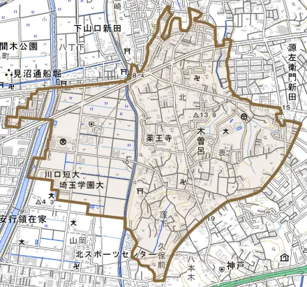 大字木曽呂とその周辺の地図。町の範囲を重ねている