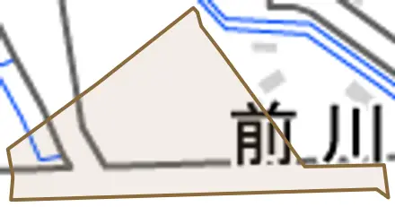 前川町とその周辺の地図。町の範囲を重ねている