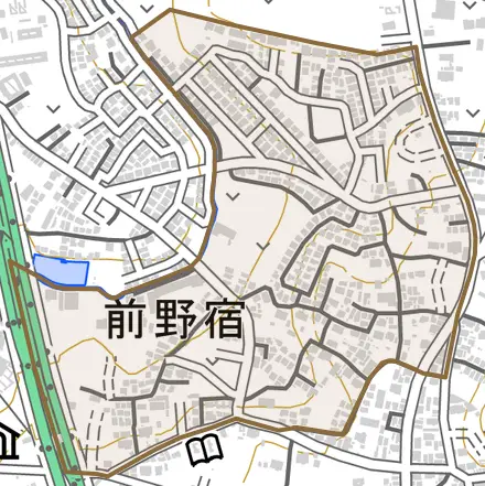 大字前野宿とその周辺の地図。町の範囲を重ねている