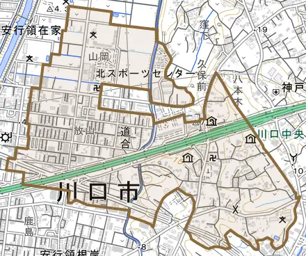 大字道合とその周辺の地図。町の範囲を重ねている
