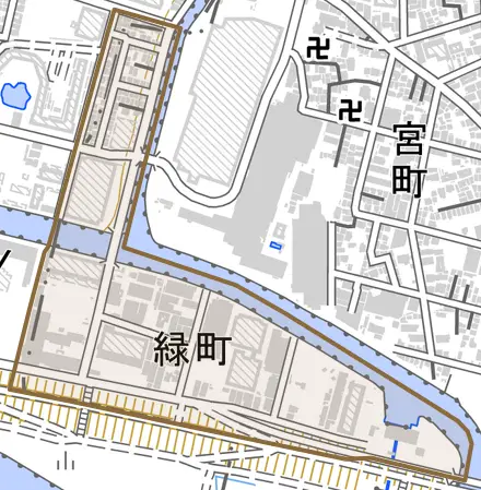 緑町とその周辺の地図。町の範囲を重ねている