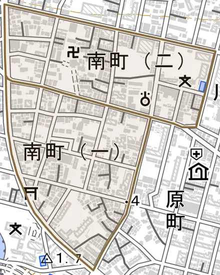 南町とその周辺の地図。町の範囲を重ねている
