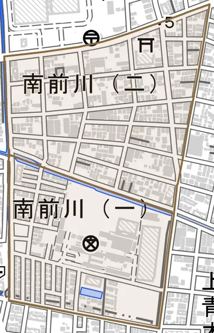 南前川とその周辺の地図。町の範囲を重ねている