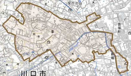 大字峯とその周辺の地図。町の範囲を重ねている