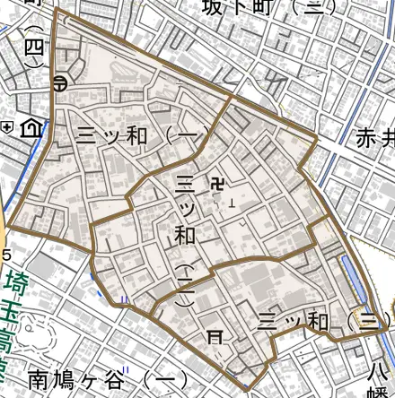 三ツ和とその周辺の地図。町の範囲を重ねている