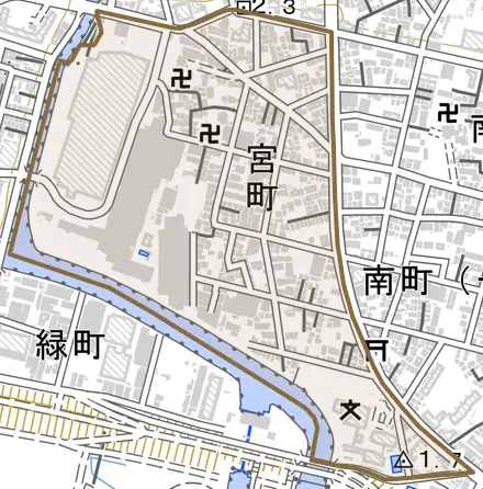 宮町とその周辺の地図。町の範囲を重ねている