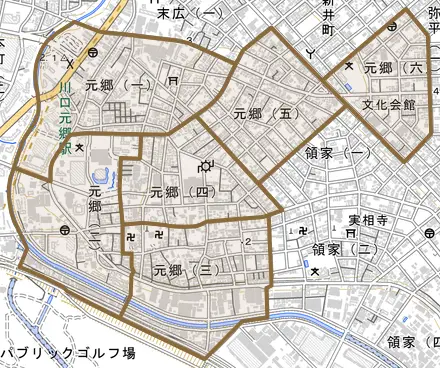 元郷とその周辺の地図。町の範囲を重ねている