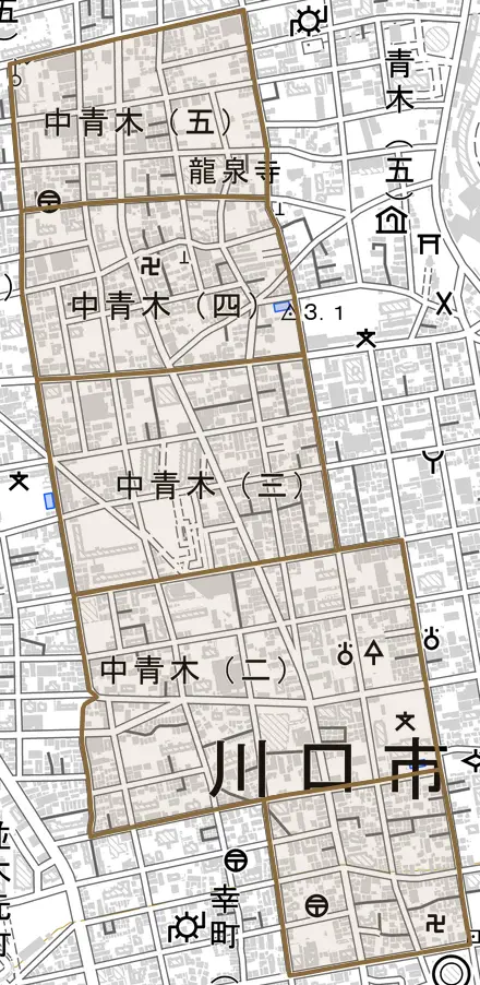 中青木とその周辺の地図。町の範囲を重ねている