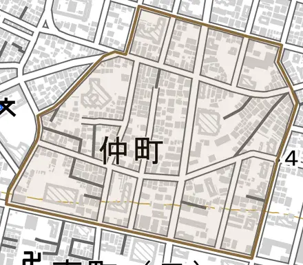 仲町とその周辺の地図。町の範囲を重ねている