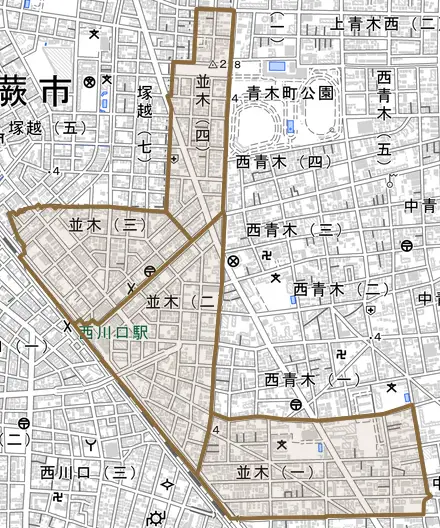 並木とその周辺の地図。町の範囲を重ねている