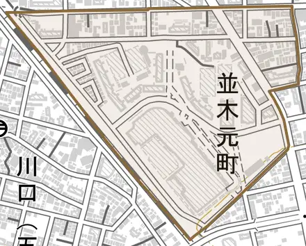 並木元町とその周辺の地図。町の範囲を重ねている