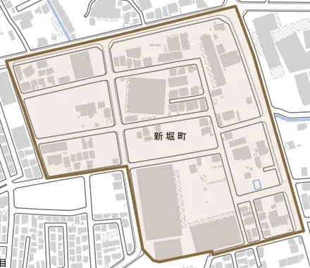 新堀町とその周辺の地図。町の範囲を重ねている
