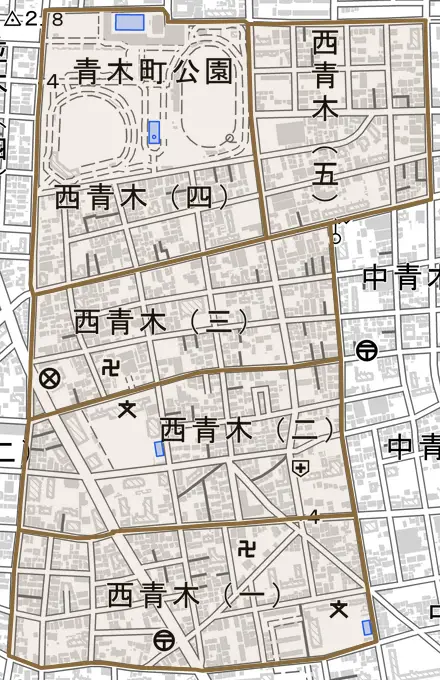 西青木とその周辺の地図。町の範囲を重ねている