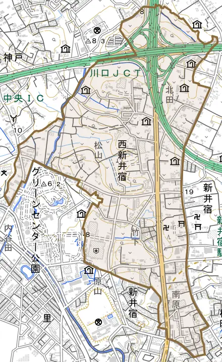 大字西新井宿とその周辺の地図。町の範囲を重ねている
