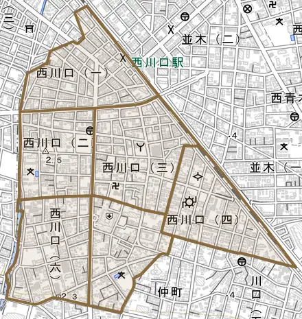 西川口とその周辺の地図。町の範囲を重ねている