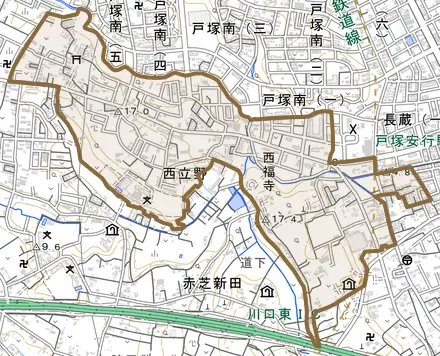 大字西立野とその周辺の地図。町の範囲を重ねている