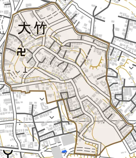 大字大竹とその周辺の地図。町の範囲を重ねている