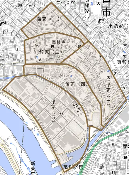 領家とその周辺の地図。町の範囲を重ねている