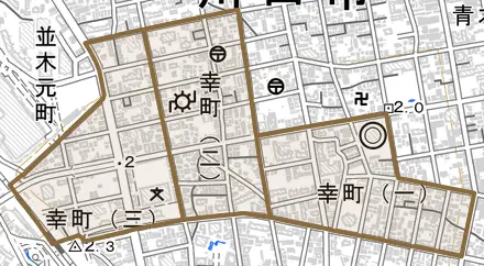 幸町とその周辺の地図。町の範囲を重ねている