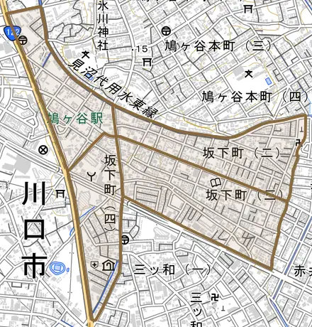 坂下町とその周辺の地図。町の範囲を重ねている