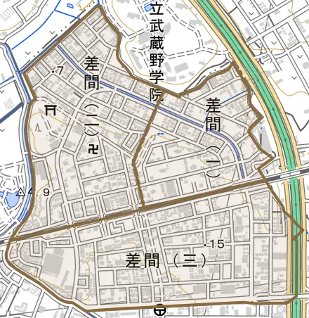 差間とその周辺の地図。町の範囲を重ねている