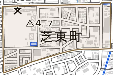 芝東町とその周辺の地図。町の範囲を重ねている
